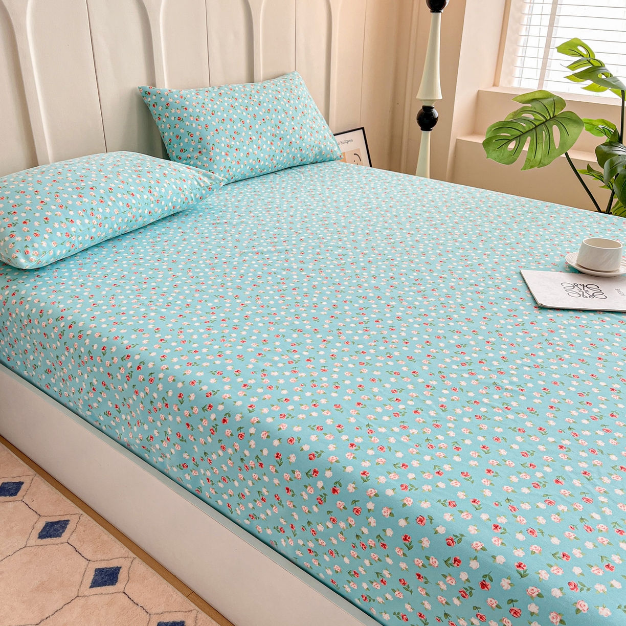 91家纺网 家纺一手货源 找家纺 首爱家纺 2025新款升级细纱原棉老粗布印花单床笠床笠单件单品床笠 春雨