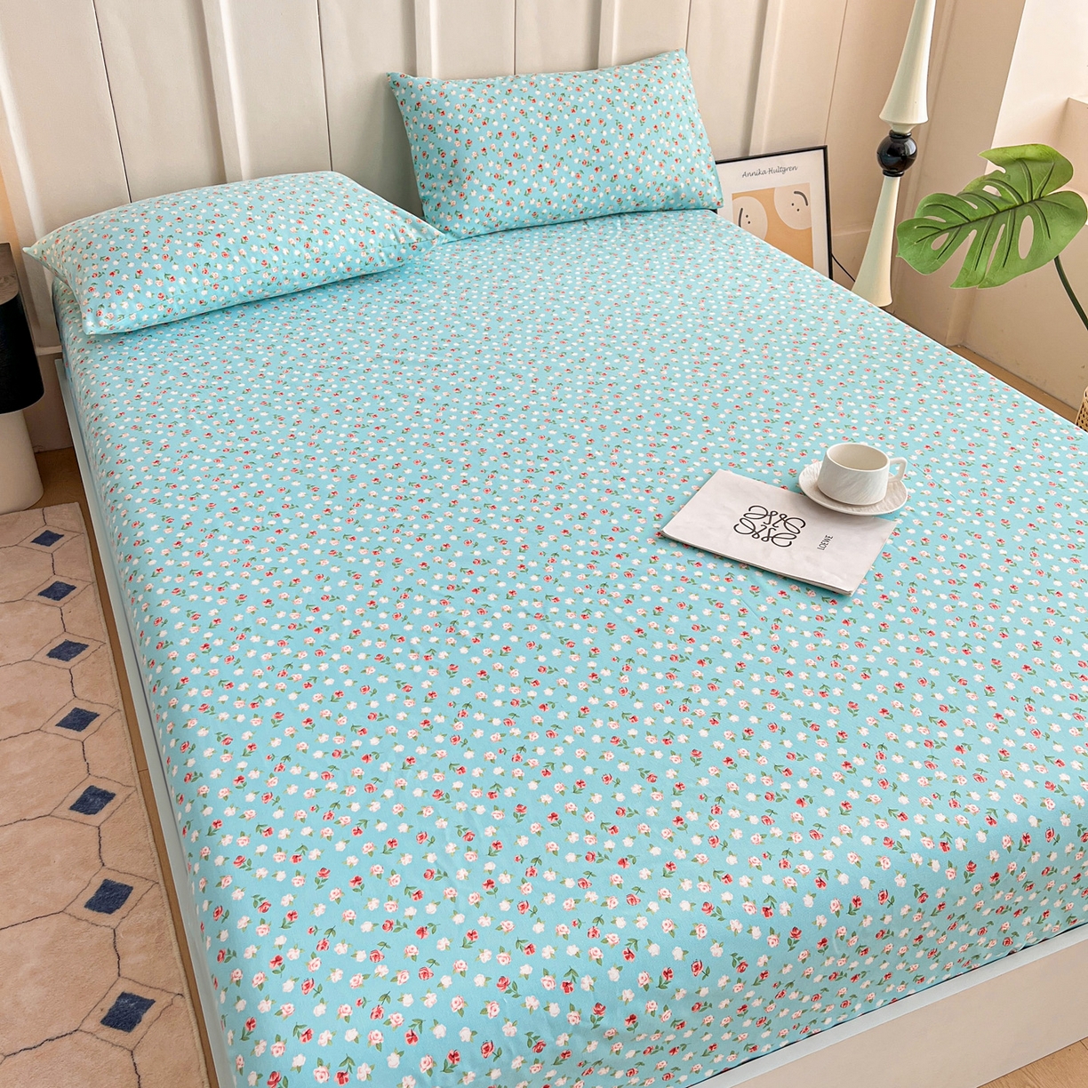 91家纺网 家纺一手货源 找家纺 首爱家纺 2025新款升级细纱原棉老粗布印花单床笠床笠单件单品床笠 春雨