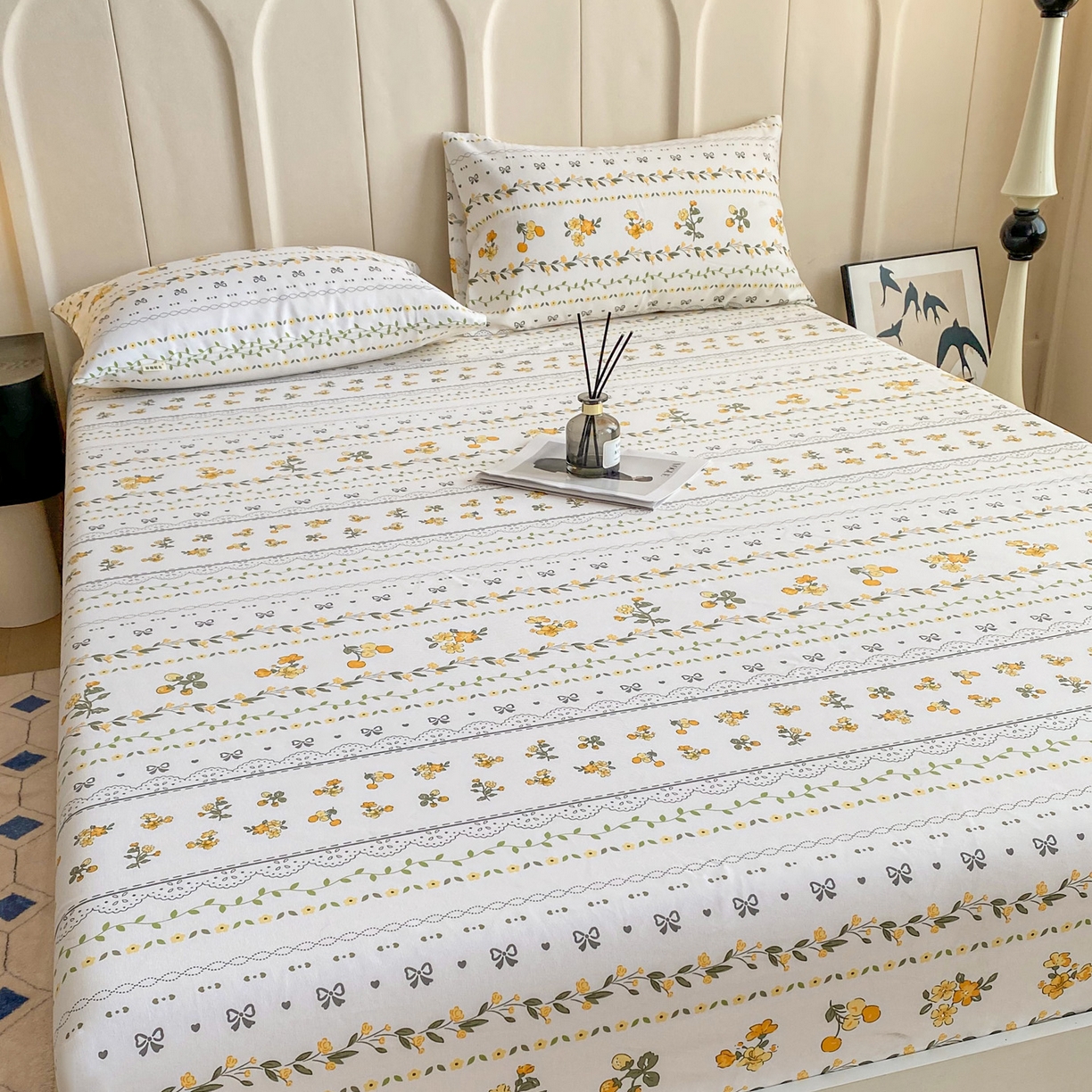 91家纺网 家纺一手货源 找家纺 首爱家纺 2025新款升级细纱原棉老粗布印花单床笠床笠单件单品床笠 花蝶