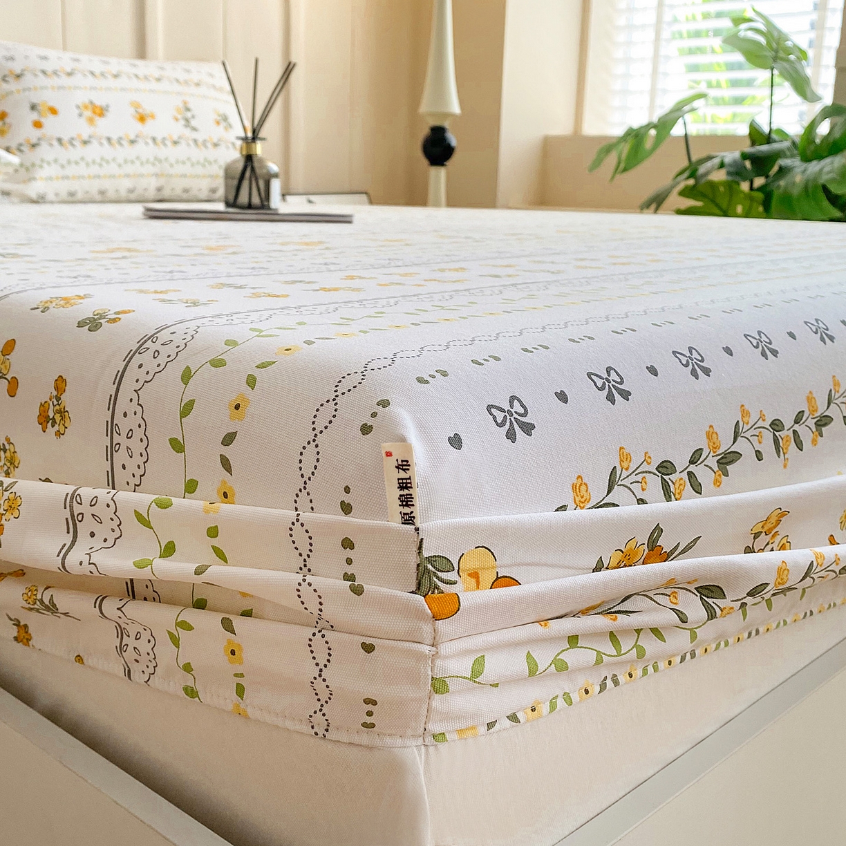 91家纺网 家纺一手货源 找家纺 首爱家纺 2025新款升级细纱原棉老粗布印花单床笠床笠单件单品床笠 花蝶
