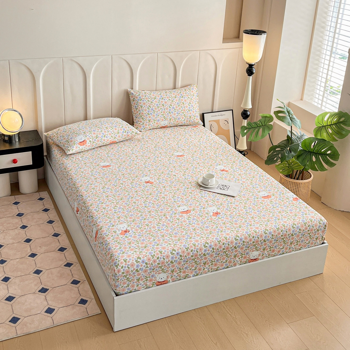 91家纺网 家纺一手货源 找家纺 首爱家纺 2025新款升级细纱原棉老粗布印花单床笠床笠单件单品床笠 花朵熊