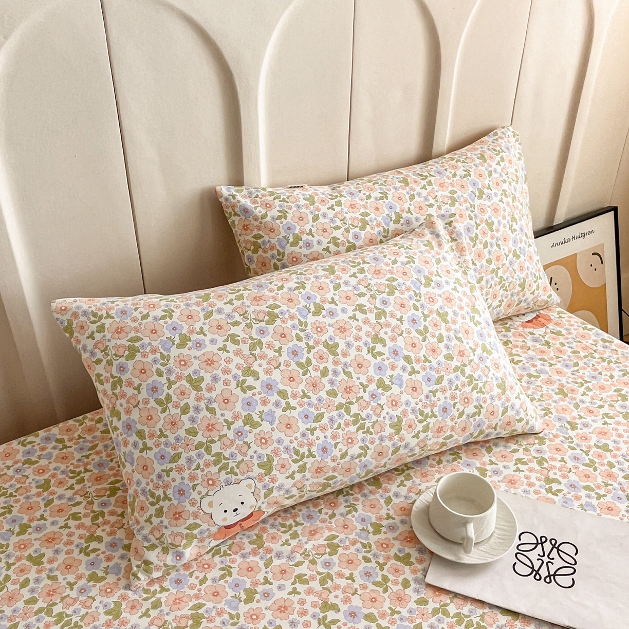 91家纺网 家纺一手货源 找家纺 首爱家纺 2025新款升级细纱原棉老粗布印花单床笠床笠单件单品床笠 花朵熊