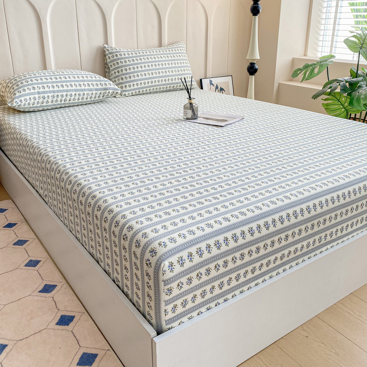 91家纺网 家纺一手货源 找家纺 首爱家纺 2025新款升级细纱原棉老粗布印花单床笠床笠单件单品床笠 蓝心