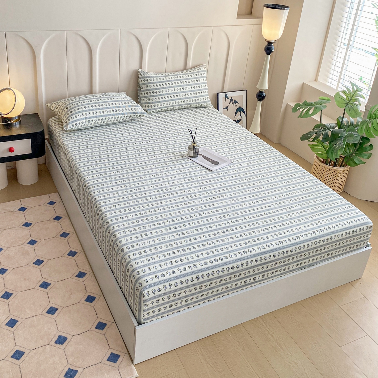 91家纺网 家纺一手货源 找家纺 首爱家纺 2025新款升级细纱原棉老粗布印花单床笠床笠单件单品床笠 蓝心