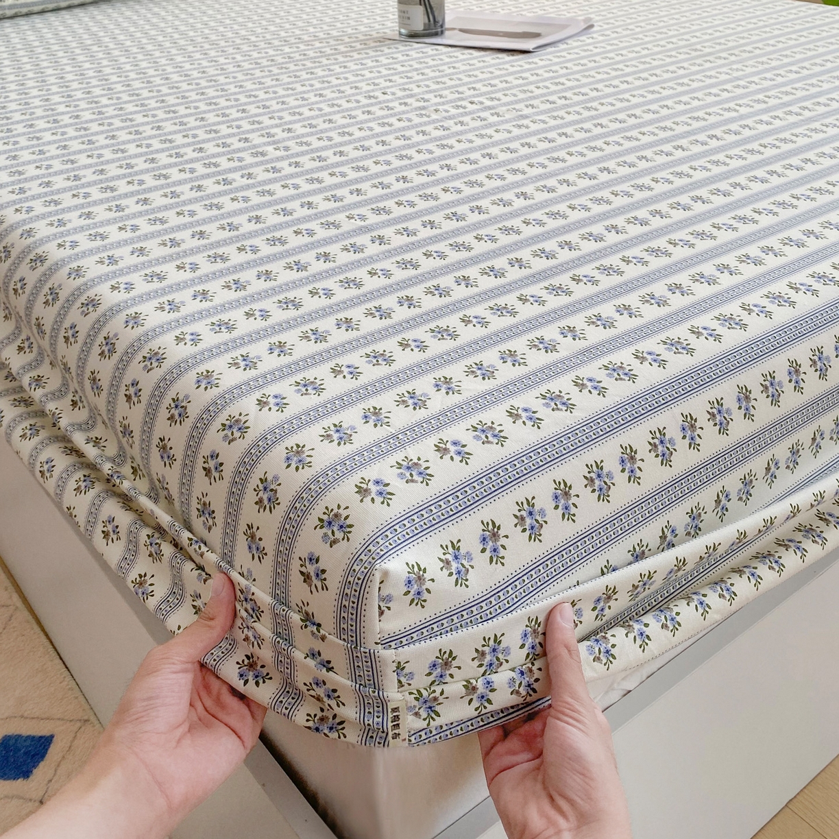 91家纺网 家纺一手货源 找家纺 首爱家纺 2025新款升级细纱原棉老粗布印花单床笠床笠单件单品床笠 蓝心