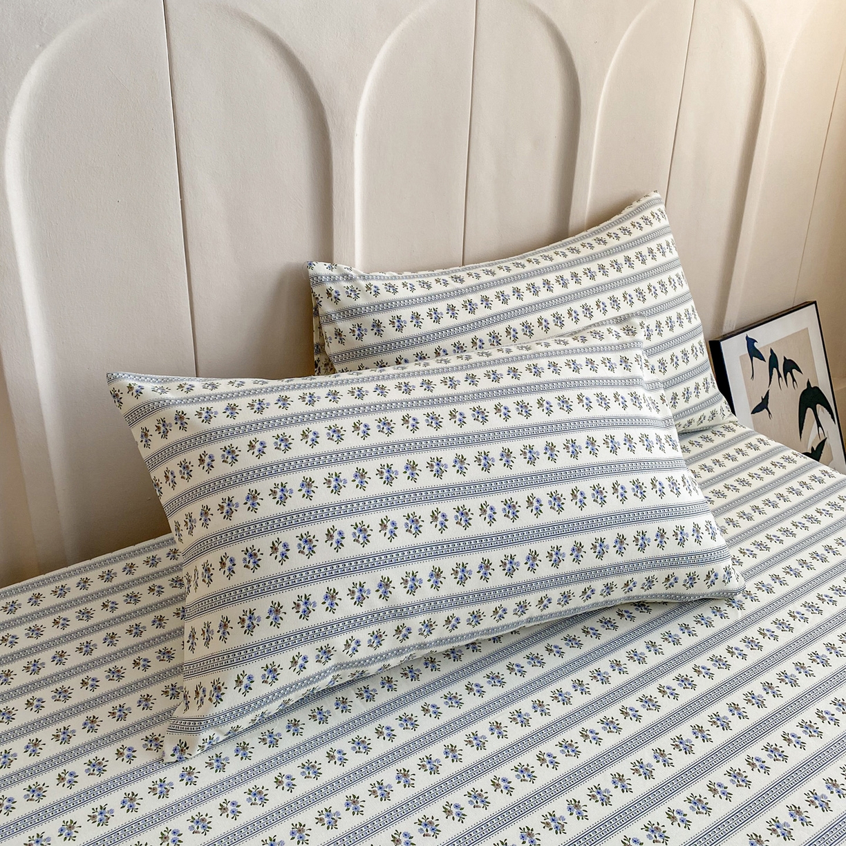 91家纺网 家纺一手货源 找家纺 首爱家纺 2025新款升级细纱原棉老粗布印花单床笠床笠单件单品床笠 蓝心