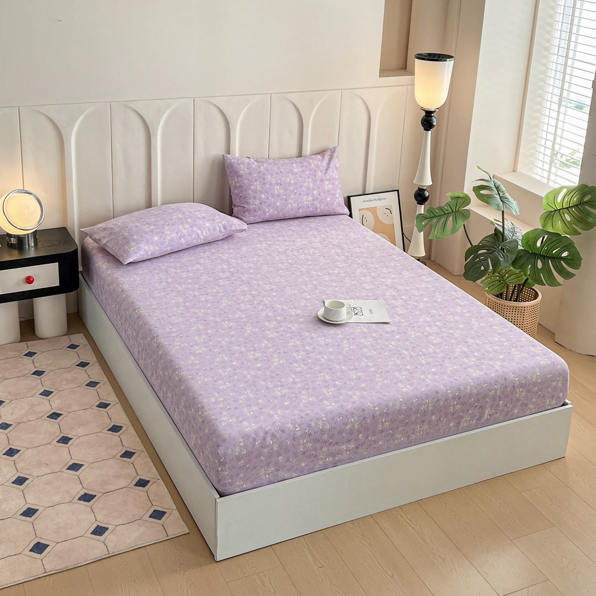 91家纺网 家纺一手货源 找家纺 首爱家纺 2025新款升级细纱原棉老粗布印花单床笠床笠单件单品床笠 紫罗兰