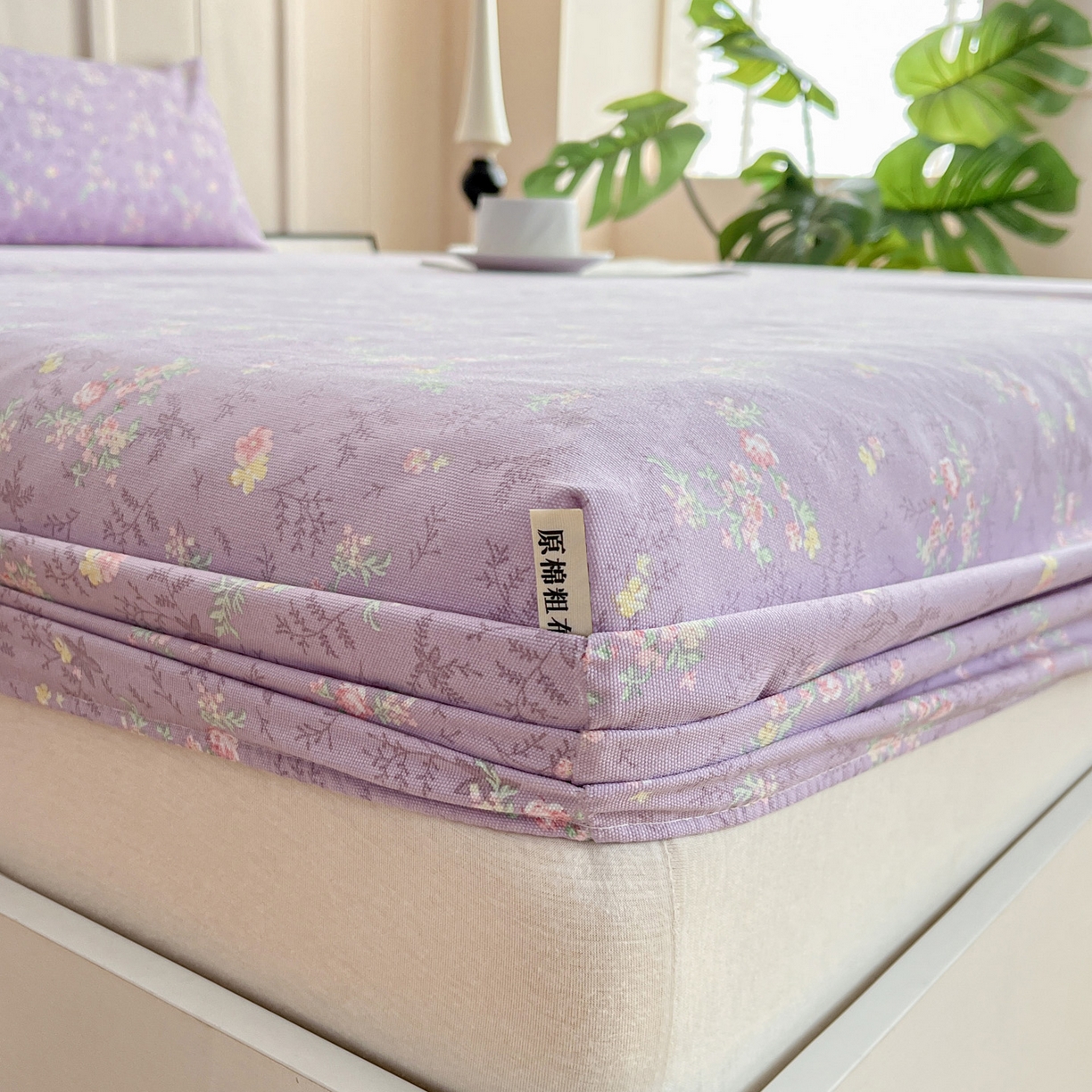 91家纺网 家纺一手货源 找家纺 首爱家纺 2025新款升级细纱原棉老粗布印花单床笠床笠单件单品床笠 紫罗兰