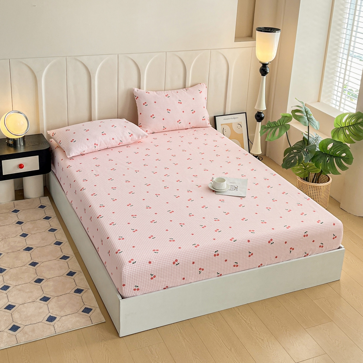 91家纺网 家纺一手货源 找家纺 棉乐町家居 2025新款升级细纱原棉老粗布印花单床笠床笠单件单品床笠 格子樱桃