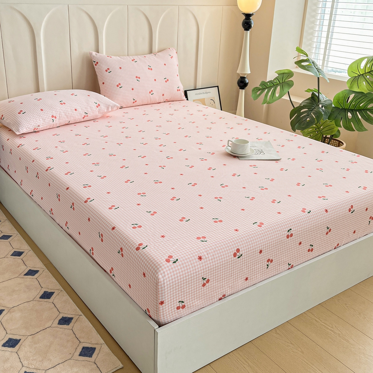 91家纺网 家纺一手货源 找家纺 棉乐町家居 2025新款升级细纱原棉老粗布印花单床笠床笠单件单品床笠 格子樱桃