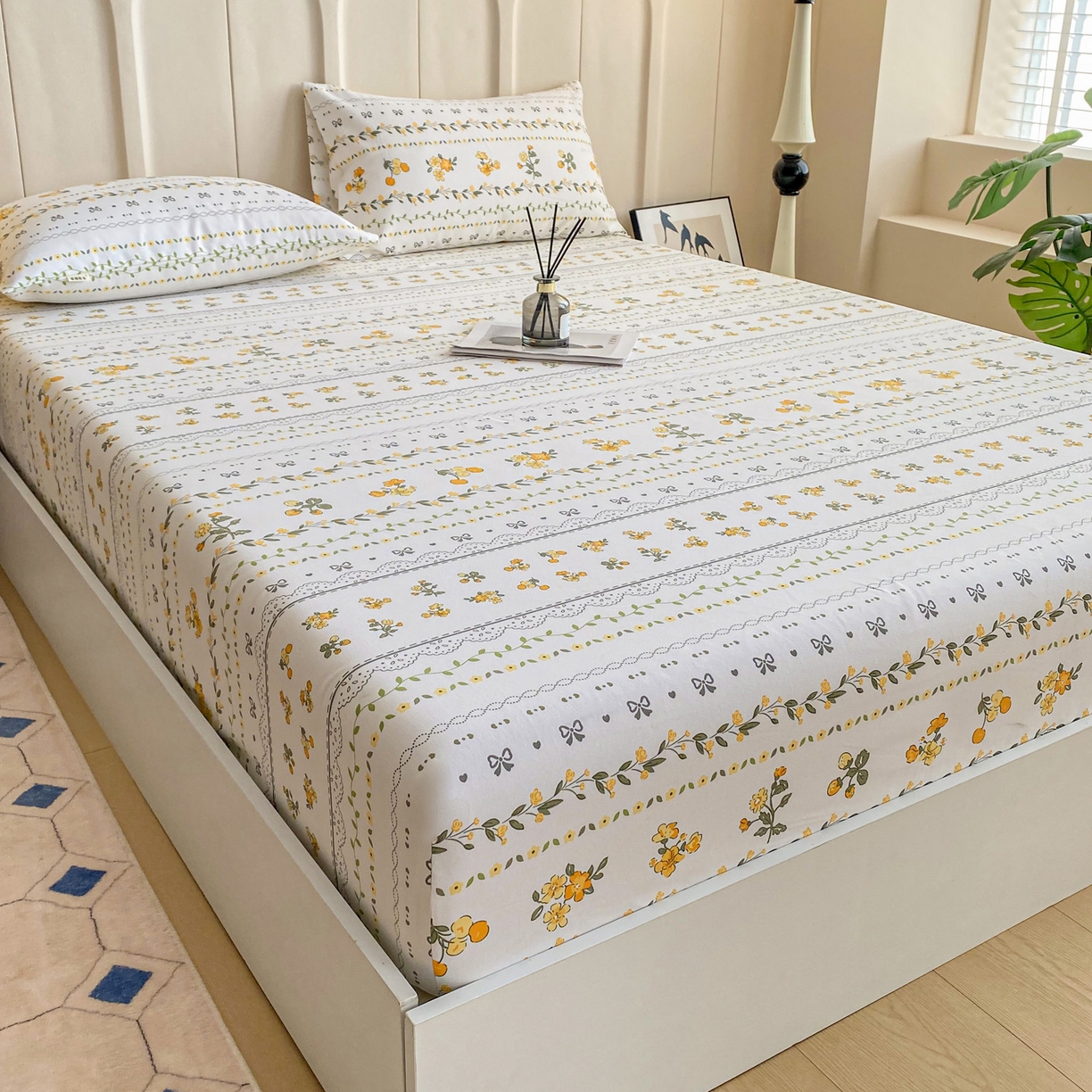 91家纺网 家纺一手货源 找家纺 棉乐町家居 2025新款升级细纱原棉老粗布印花单床笠床笠单件单品床笠 花蝶