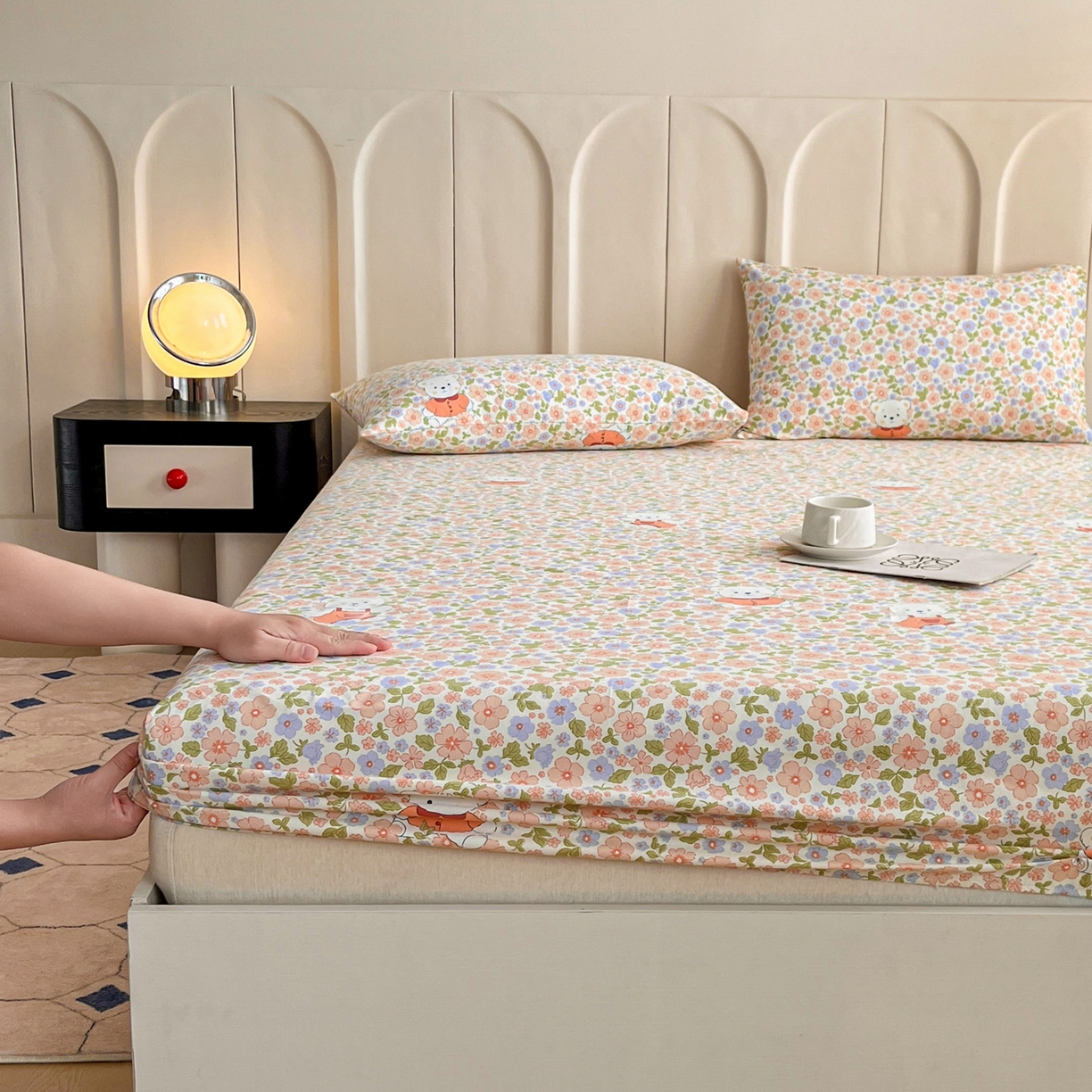 棉乐町家居 2025新款升级细纱原棉老粗布印花单床笠床笠单件单品床笠 花朵熊