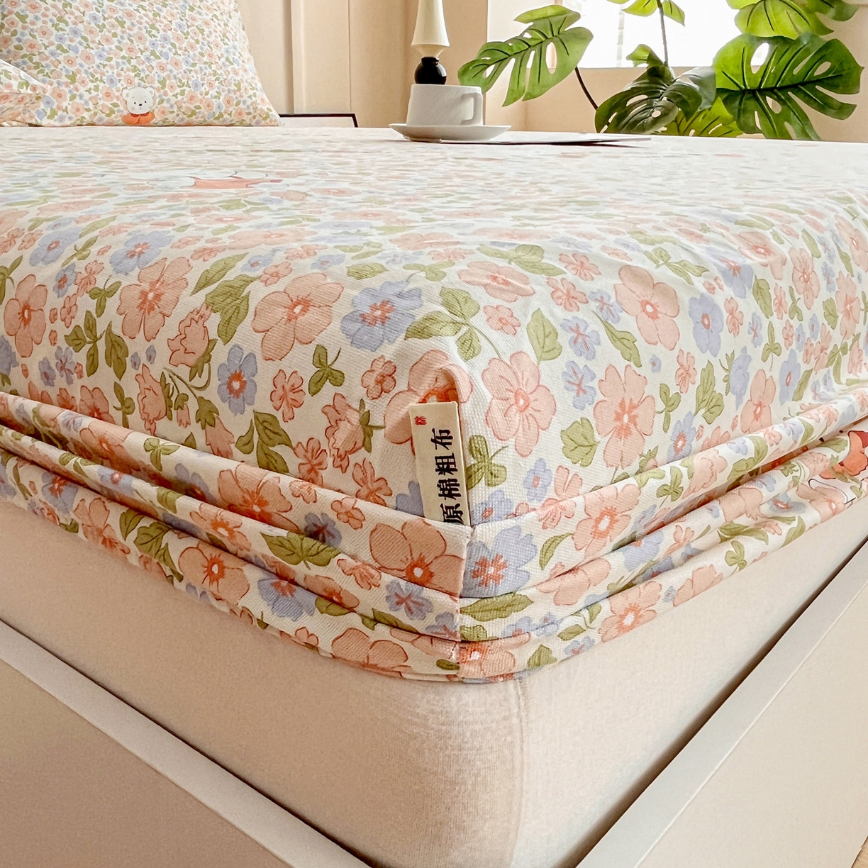 91家纺网 家纺一手货源 找家纺 棉乐町家居 2025新款升级细纱原棉老粗布印花单床笠床笠单件单品床笠 花朵熊