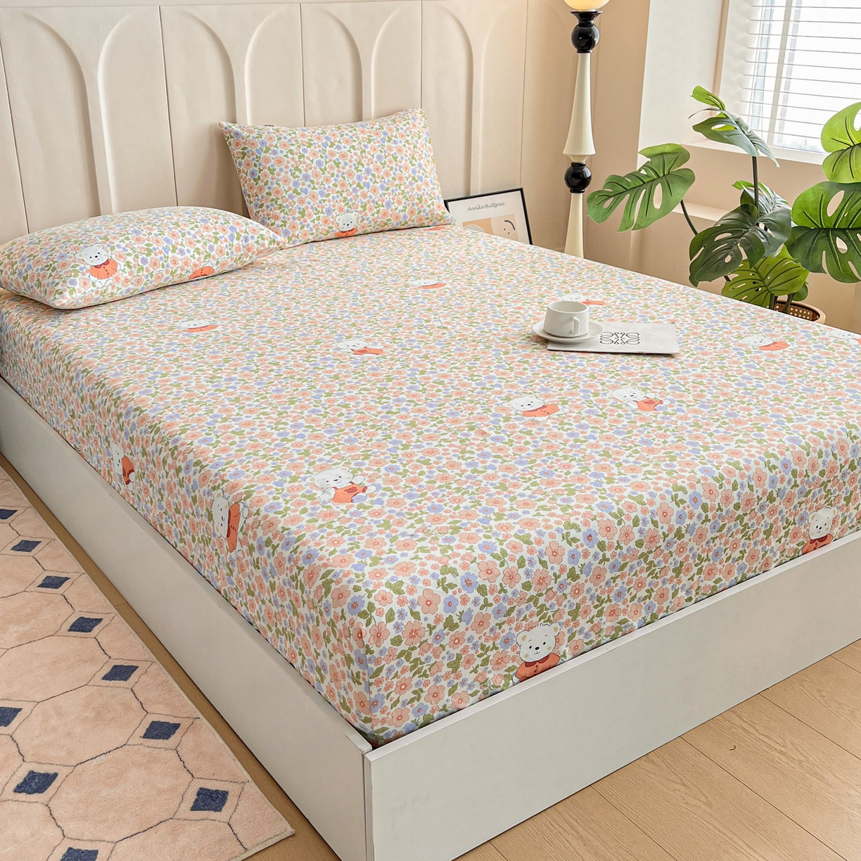 91家纺网 家纺一手货源 找家纺 棉乐町家居 2025新款升级细纱原棉老粗布印花单床笠床笠单件单品床笠 花朵熊