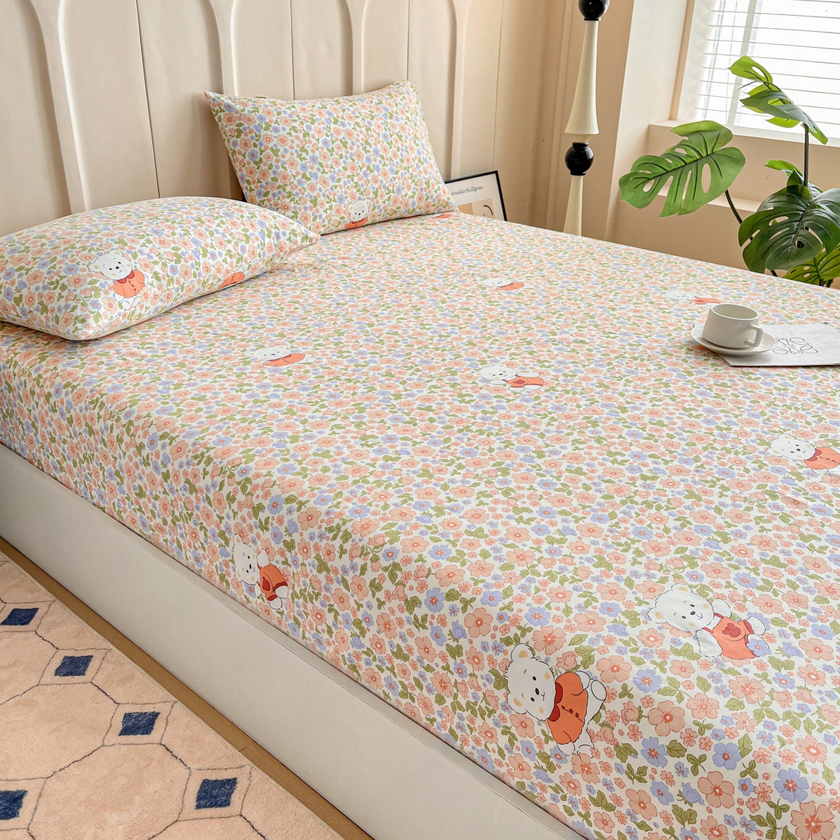 91家纺网 家纺一手货源 找家纺 棉乐町家居 2025新款升级细纱原棉老粗布印花单床笠床笠单件单品床笠 花朵熊