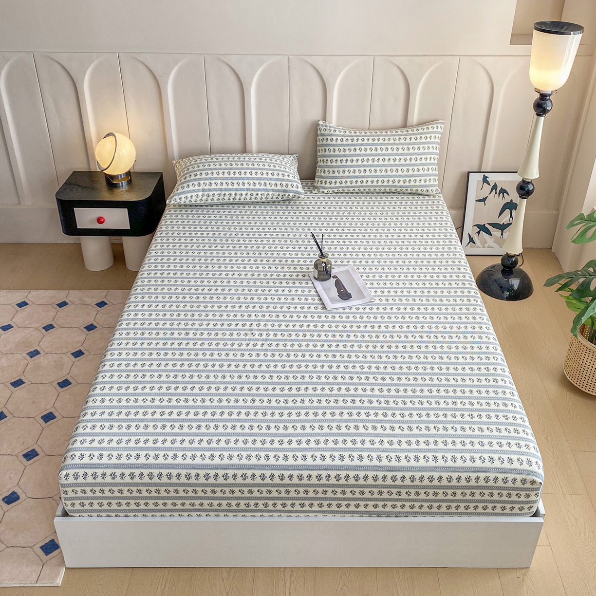 91家纺网 家纺一手货源 找家纺 棉乐町家居 2025新款升级细纱原棉老粗布印花单床笠床笠单件单品床笠 蓝心