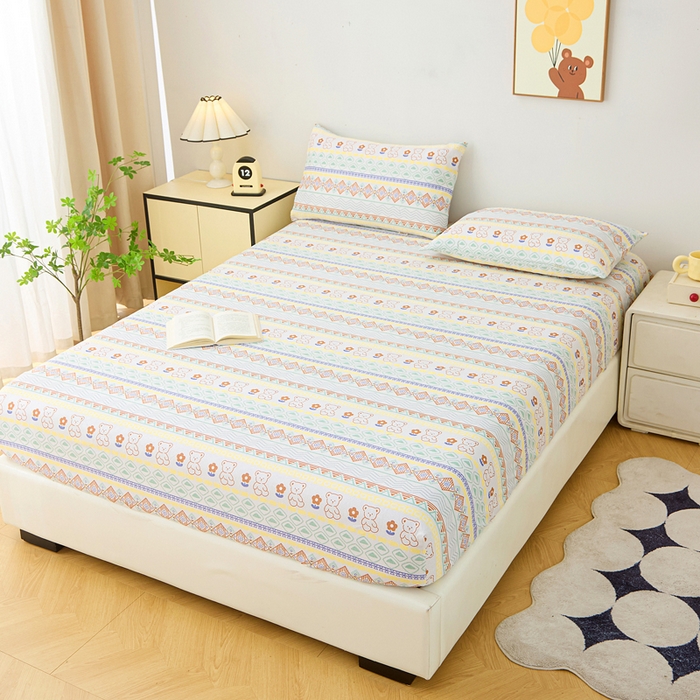 91家纺网 家纺一手货源 找家纺 棉乐町家居 2025新款升级细纱原棉老粗布印花单床笠床笠单件单品床笠 条纹小熊