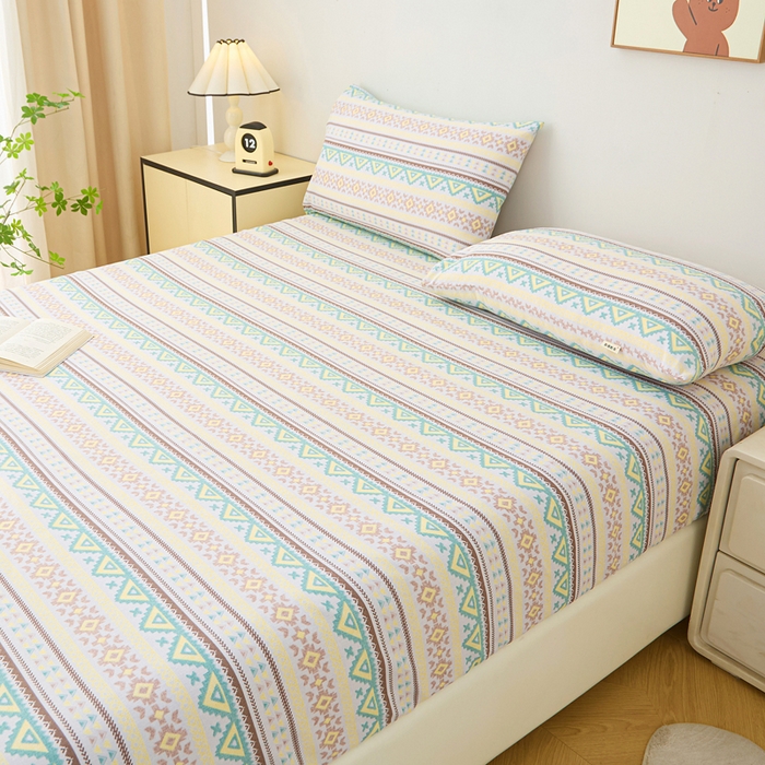 91家纺网 家纺一手货源 找家纺 棉乐町家居 2025新款升级细纱原棉老粗布印花单床笠床笠单件单品床笠 条雅恋