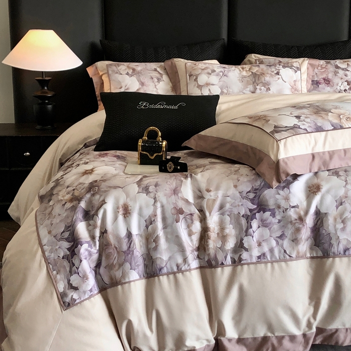 91家纺网 家纺一手货源 找家纺 佳汐蓝家纺 2025秋冬新款臻棉磨毛数码印花大拼角四件套 嘉园-咖