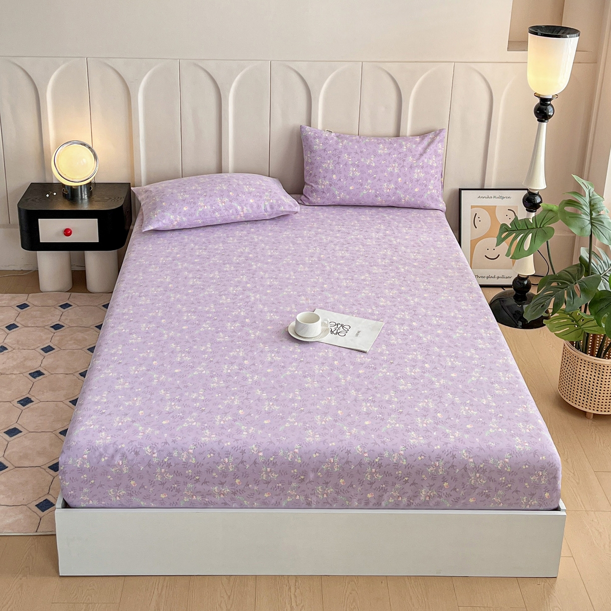 91家纺网 家纺一手货源 找家纺 棉乐町家居 2025新款升级细纱原棉老粗布印花单床笠床笠单件单品床笠 紫罗兰