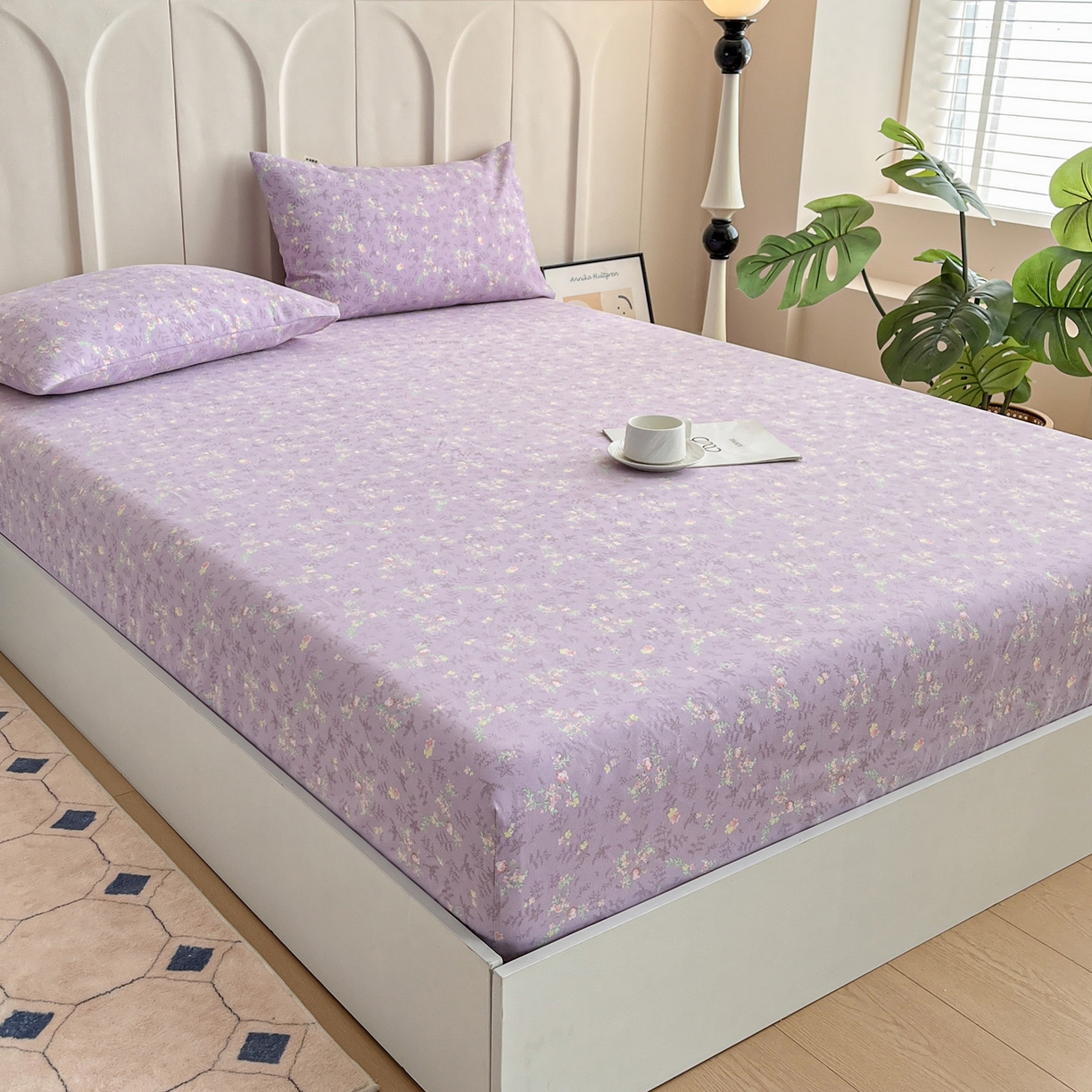 91家纺网 家纺一手货源 找家纺 棉乐町家居 2025新款升级细纱原棉老粗布印花单床笠床笠单件单品床笠 紫罗兰