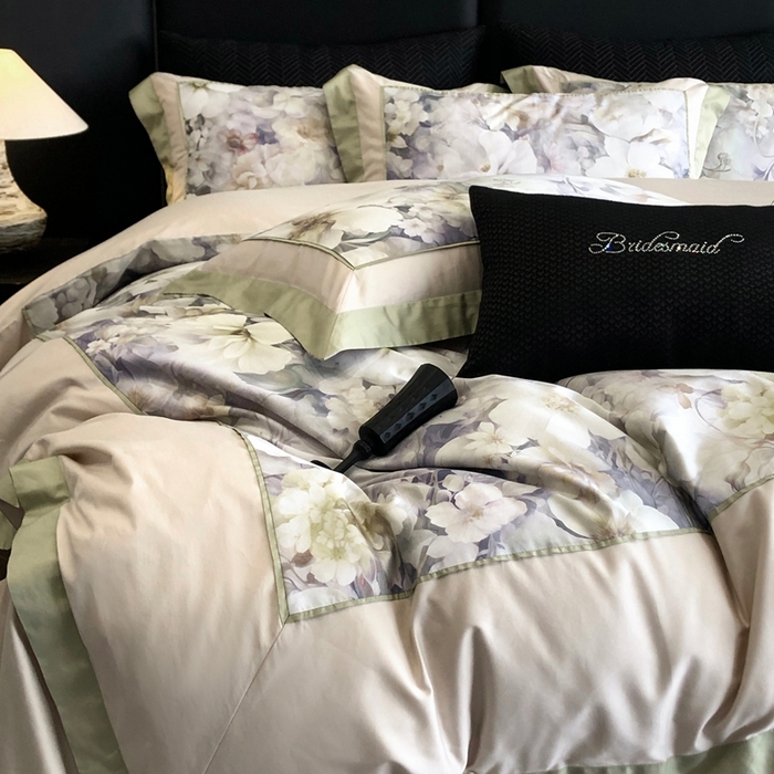 91家纺网 家纺一手货源 找家纺 佳汐蓝家纺 2025秋冬新款臻棉磨毛数码印花大拼角四件套 嘉园-绿