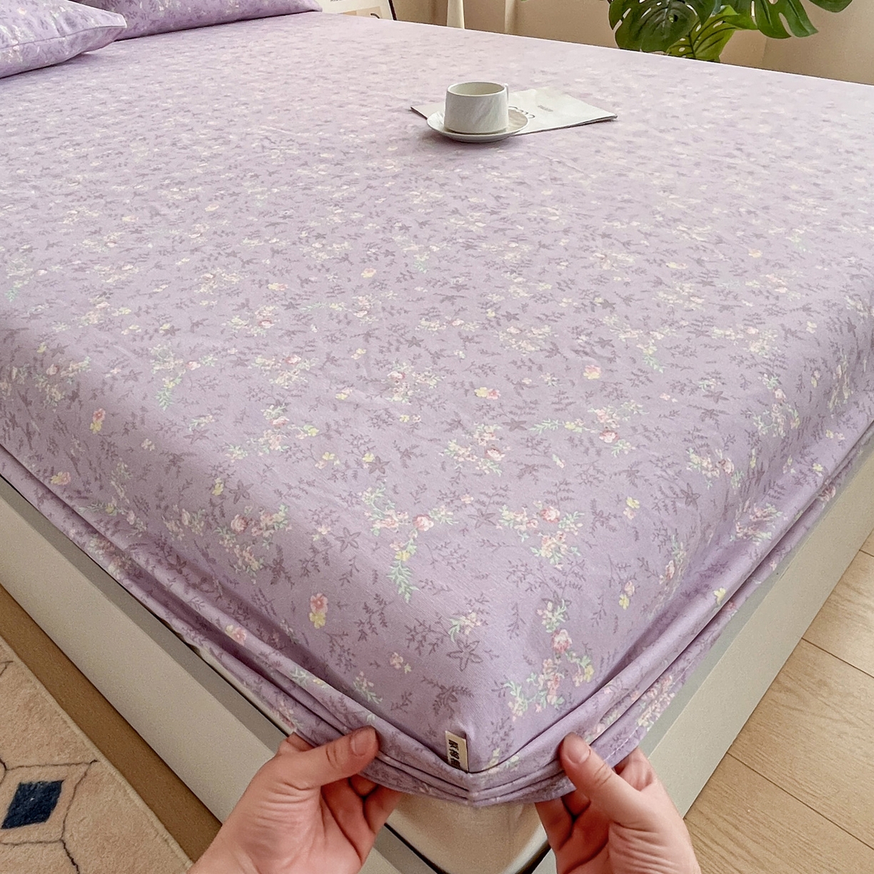 91家纺网 家纺一手货源 找家纺 棉乐町家居 2025新款升级细纱原棉老粗布印花单床笠床笠单件单品床笠 紫罗兰