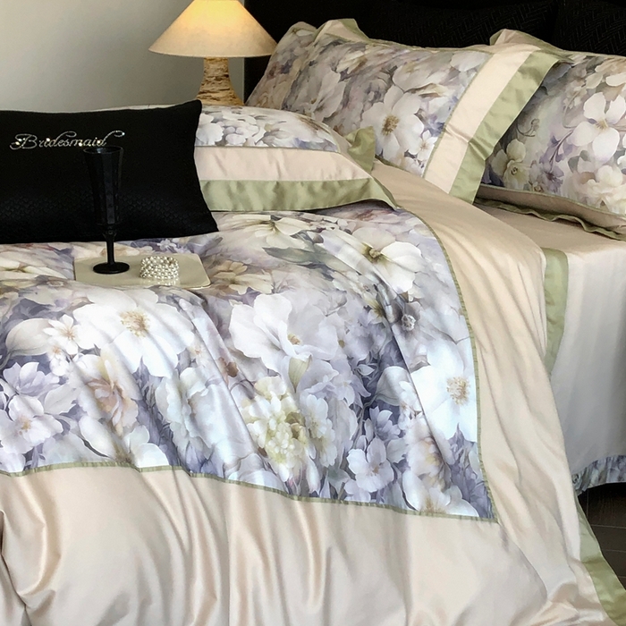 91家纺网 家纺一手货源 找家纺 佳汐蓝家纺 2025秋冬新款臻棉磨毛数码印花大拼角四件套 嘉园-绿