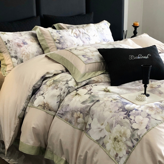 91家纺网 家纺一手货源 找家纺 佳汐蓝家纺 2025秋冬新款臻棉磨毛数码印花大拼角四件套 嘉园-绿