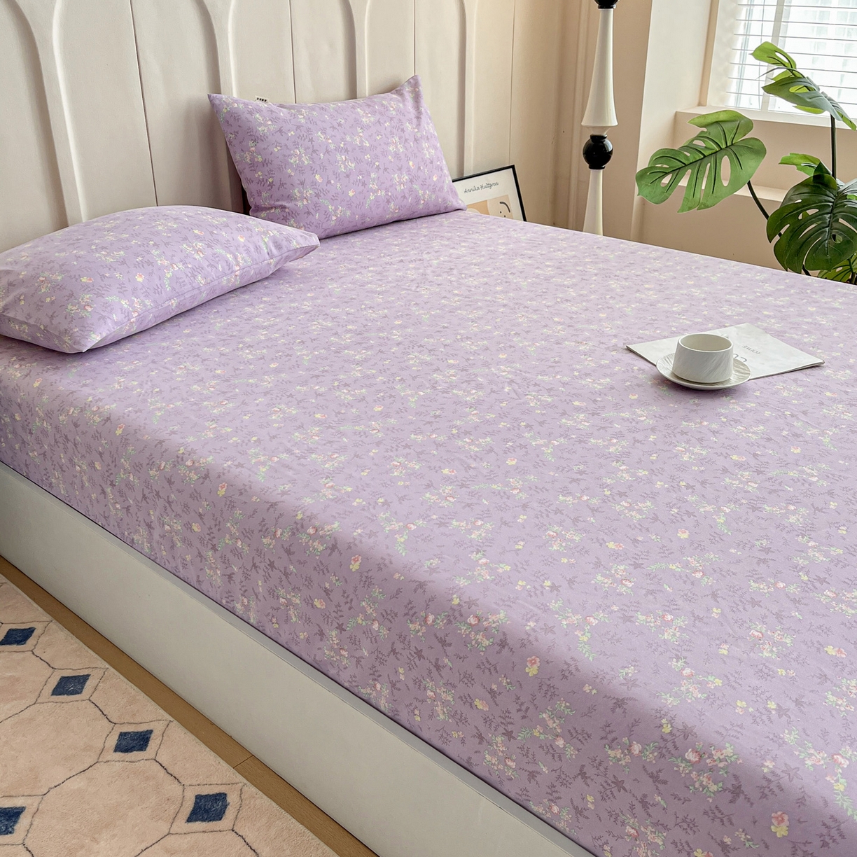 91家纺网 家纺一手货源 找家纺 棉乐町家居 2025新款升级细纱原棉老粗布印花单床笠床笠单件单品床笠 紫罗兰