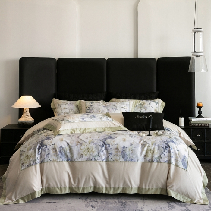 91家纺网 家纺一手货源 找家纺 佳汐蓝家纺 2025秋冬新款臻棉磨毛数码印花大拼角四件套 嘉园-绿