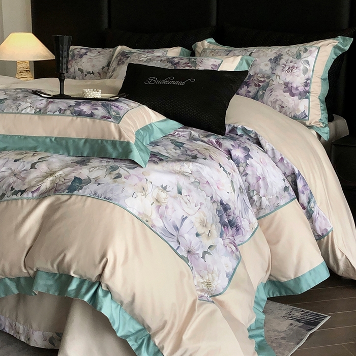 91家纺网 家纺一手货源 找家纺 佳汐蓝家纺 2025秋冬新款臻棉磨毛数码印花大拼角四件套 娇晓-绿