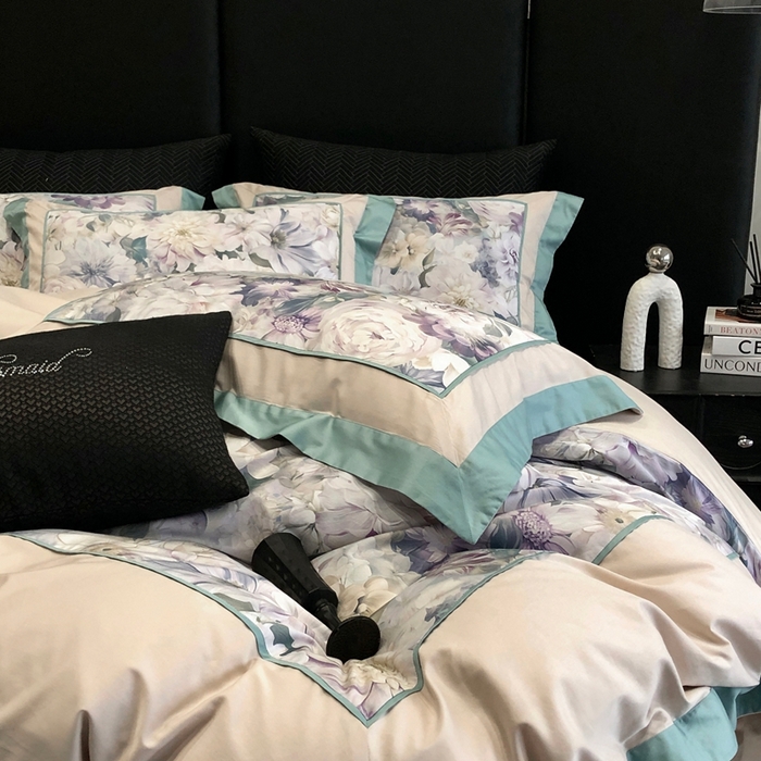 91家纺网 家纺一手货源 找家纺 佳汐蓝家纺 2025秋冬新款臻棉磨毛数码印花大拼角四件套 娇晓-绿