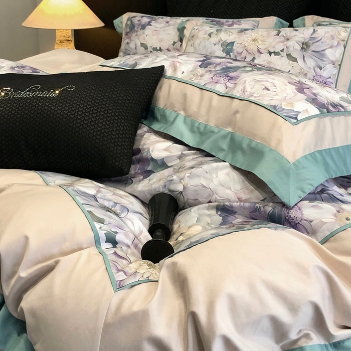 91家纺网 家纺一手货源 找家纺 佳汐蓝家纺 2025秋冬新款臻棉磨毛数码印花大拼角四件套 娇晓-绿