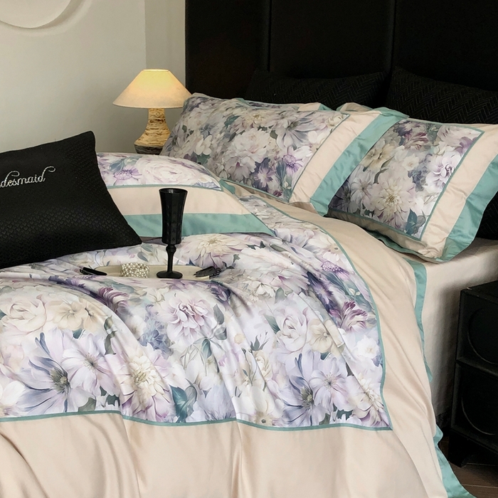 91家纺网 家纺一手货源 找家纺 佳汐蓝家纺 2025秋冬新款臻棉磨毛数码印花大拼角四件套 娇晓-绿