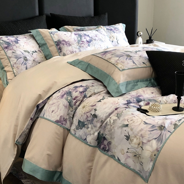 91家纺网 家纺一手货源 找家纺 佳汐蓝家纺 2025秋冬新款臻棉磨毛数码印花大拼角四件套 娇晓-绿