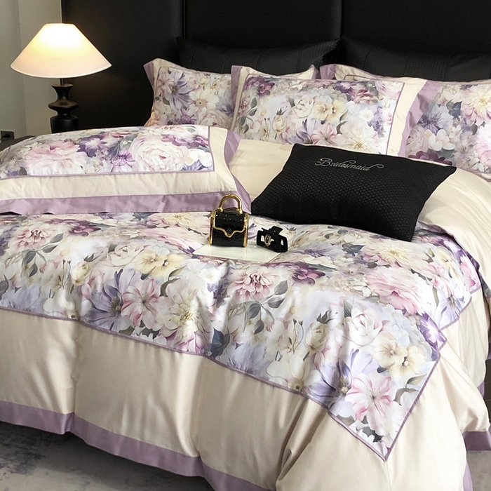 佳汐蓝家纺 2025秋冬新款臻棉磨毛数码印花大拼角四件套 娇晓-紫