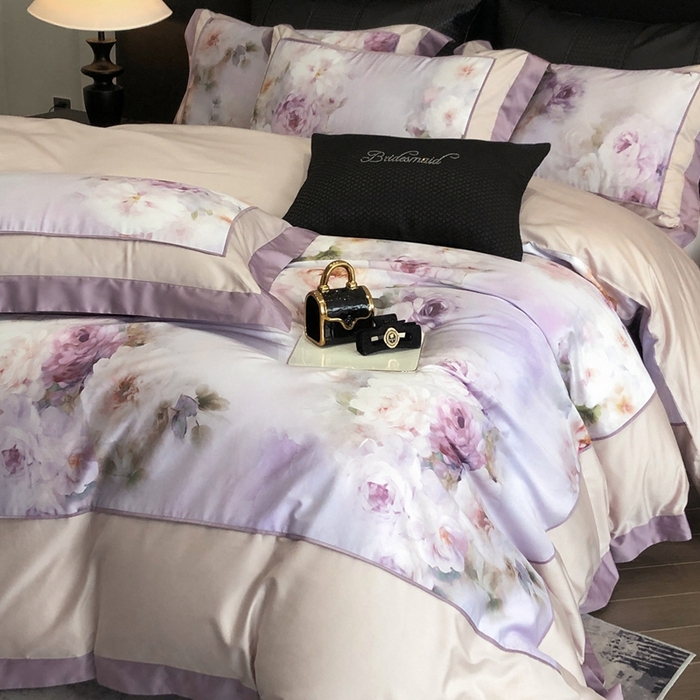 91家纺网 家纺一手货源 找家纺 佳汐蓝家纺 2025秋冬新款臻棉磨毛数码印花大拼角四件套 萧然-粉