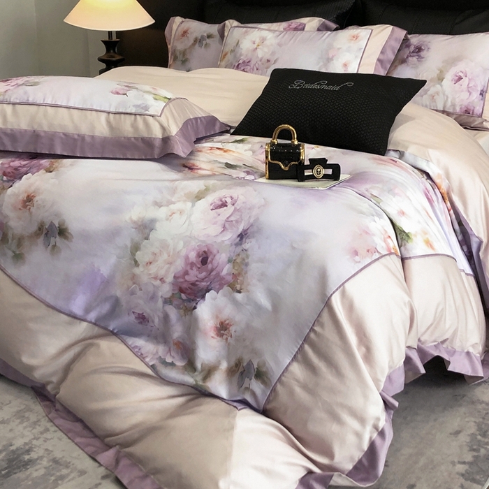 91家纺网 家纺一手货源 找家纺 佳汐蓝家纺 2025秋冬新款臻棉磨毛数码印花大拼角四件套 萧然-粉