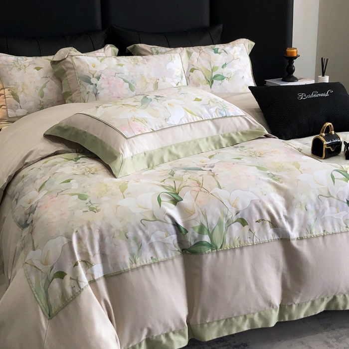 91家纺网 家纺一手货源 找家纺 佳汐蓝家纺 2025秋冬新款臻棉磨毛数码印花大拼角四件套 雅佳茹-绿