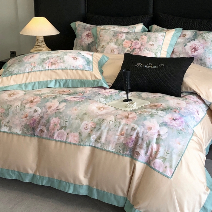 佳汐蓝家纺 2025秋冬新款臻棉磨毛数码印花大拼角四件套 嫣岚-绿