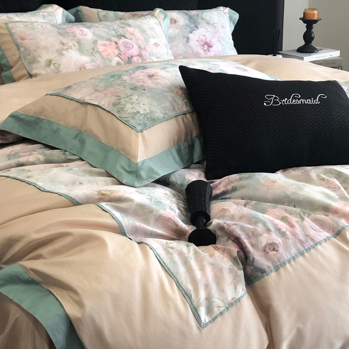 91家纺网 家纺一手货源 找家纺 佳汐蓝家纺 2025秋冬新款臻棉磨毛数码印花大拼角四件套 嫣岚-绿