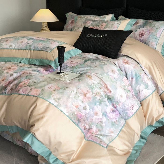 91家纺网 家纺一手货源 找家纺 佳汐蓝家纺 2025秋冬新款臻棉磨毛数码印花大拼角四件套 嫣岚-绿