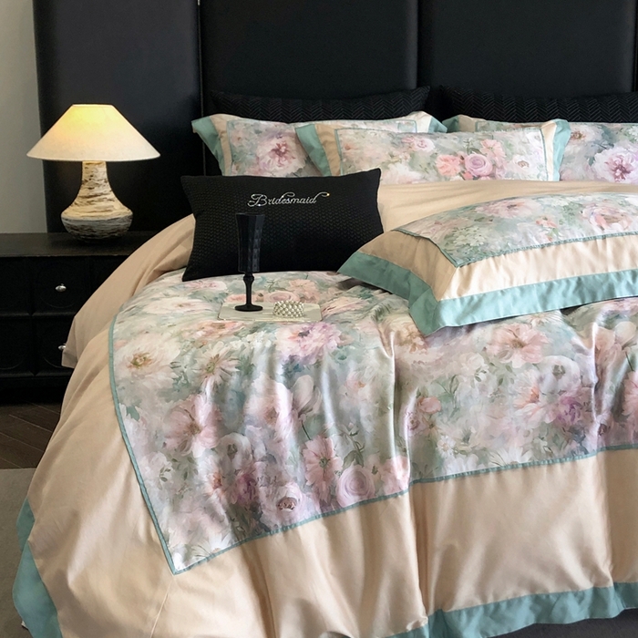 91家纺网 家纺一手货源 找家纺 佳汐蓝家纺 2025秋冬新款臻棉磨毛数码印花大拼角四件套 嫣岚-绿