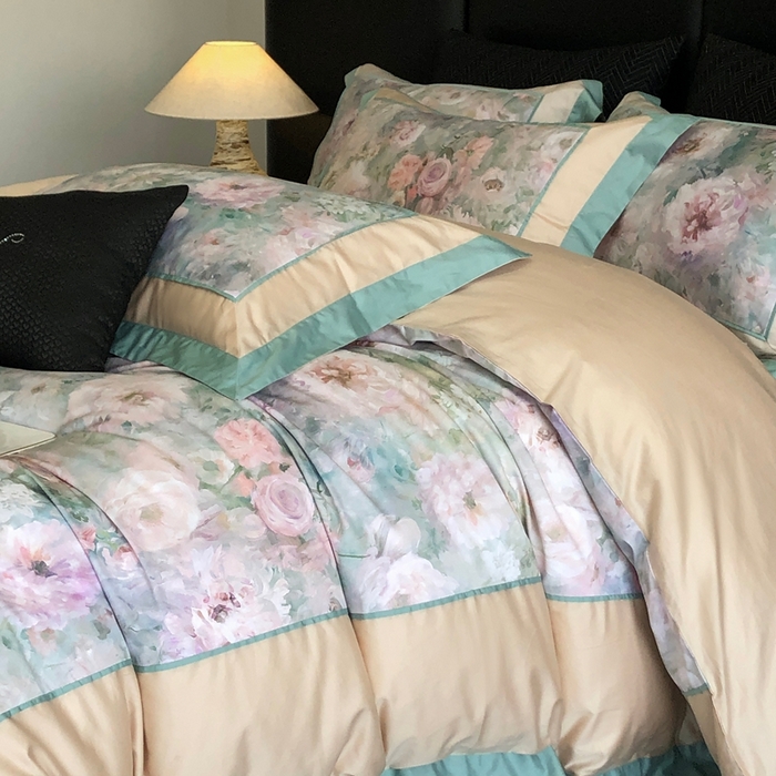 91家纺网 家纺一手货源 找家纺 佳汐蓝家纺 2025秋冬新款臻棉磨毛数码印花大拼角四件套 嫣岚-绿