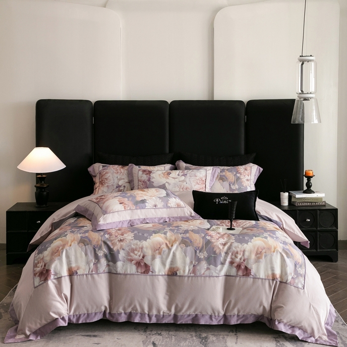 91家纺网 家纺一手货源 找家纺 佳汐蓝家纺 2025秋冬新款臻棉磨毛数码印花大拼角四件套 雲霞-藕色