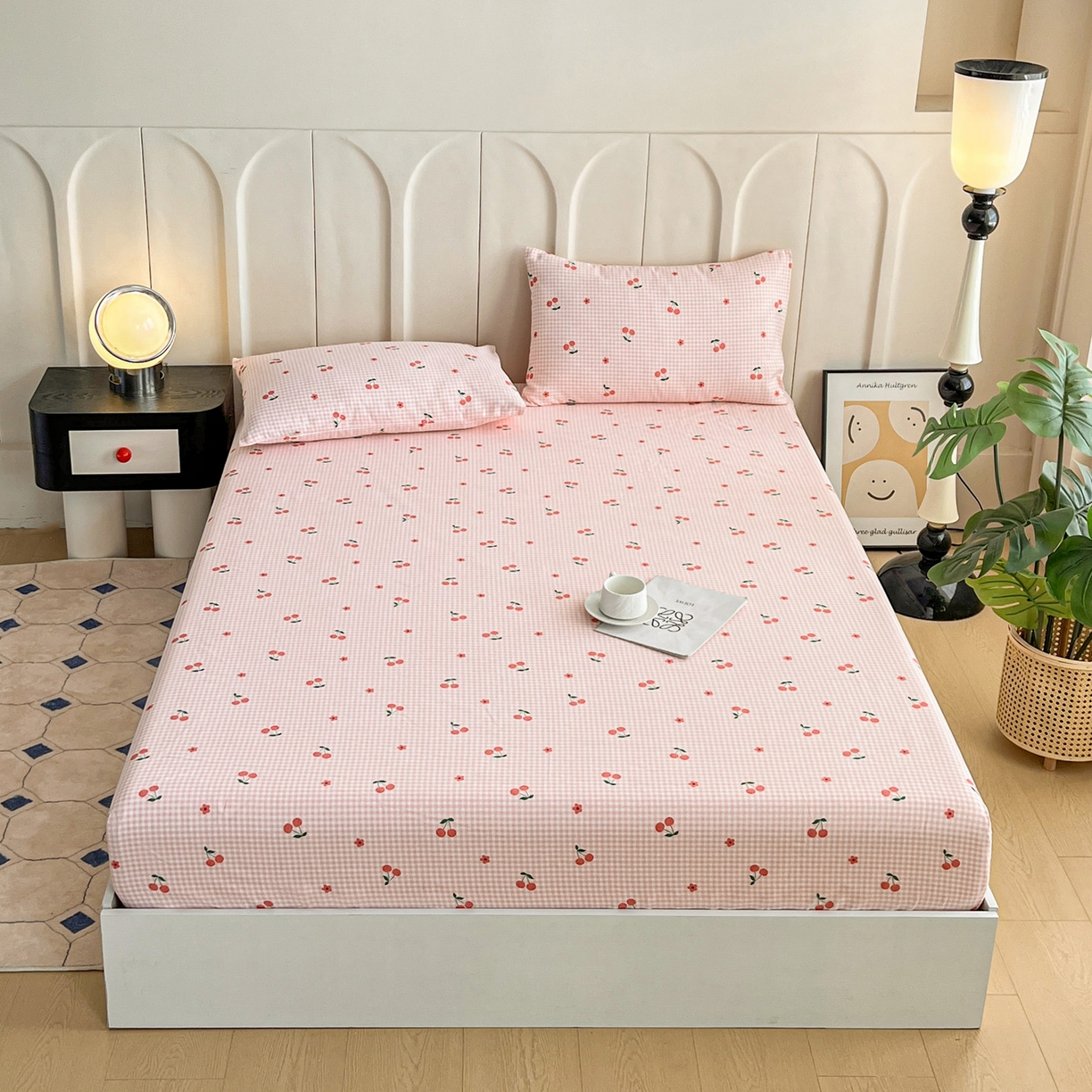 91家纺网 家纺一手货源 找家纺 金泰莱 2025新款升级细纱原棉老粗布印花单床笠床笠单件单品床笠 格子樱桃