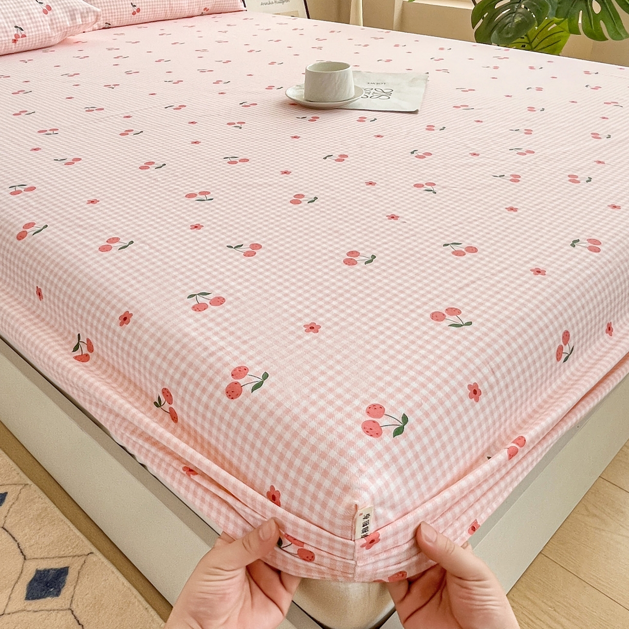 91家纺网 家纺一手货源 找家纺 金泰莱 2025新款升级细纱原棉老粗布印花单床笠床笠单件单品床笠 格子樱桃