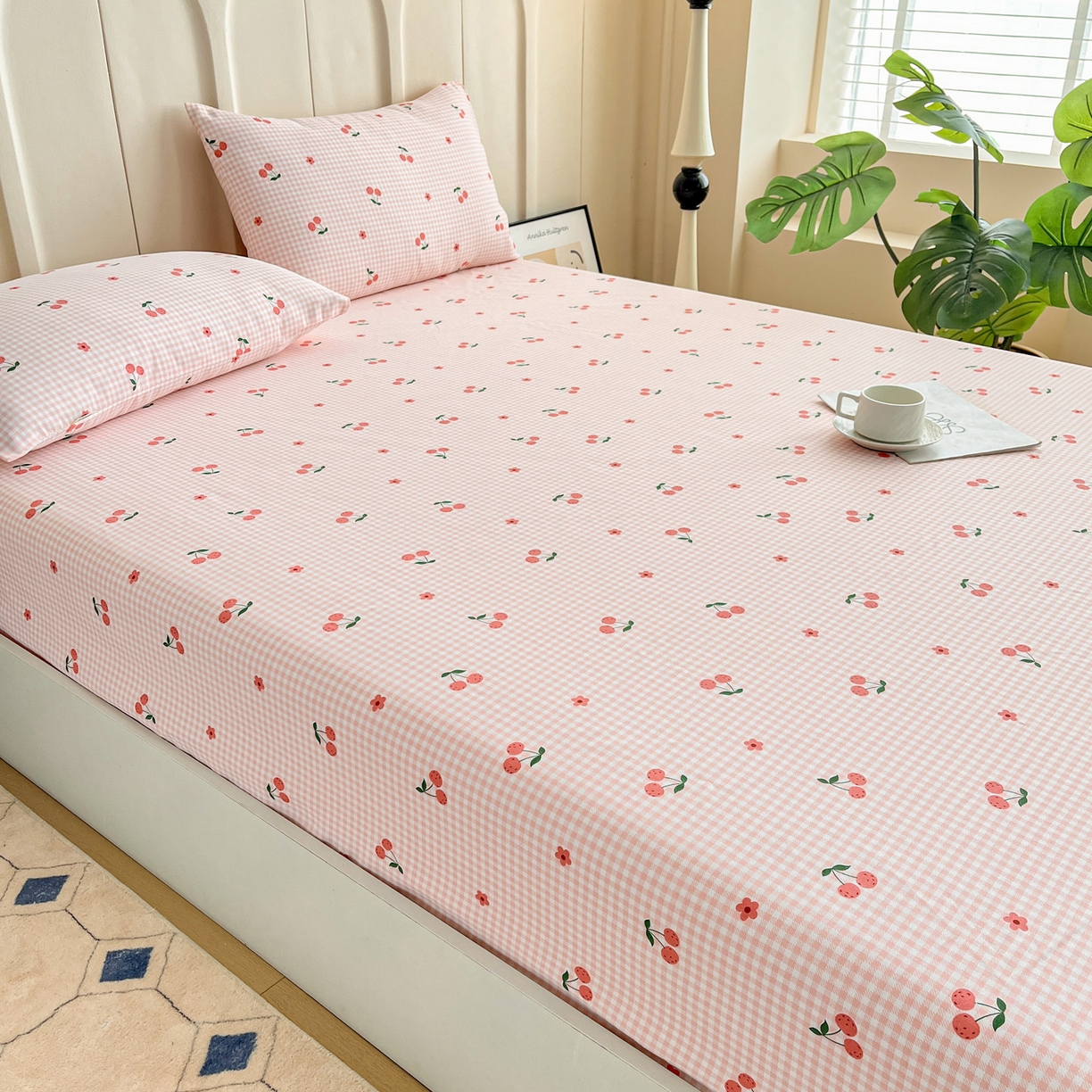 91家纺网 家纺一手货源 找家纺 金泰莱 2025新款升级细纱原棉老粗布印花单床笠床笠单件单品床笠 格子樱桃