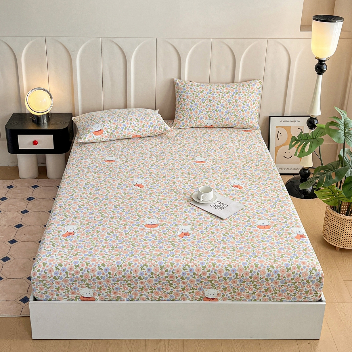 91家纺网 家纺一手货源 找家纺 金泰莱 2025新款升级细纱原棉老粗布印花单床笠床笠单件单品床笠 花朵熊